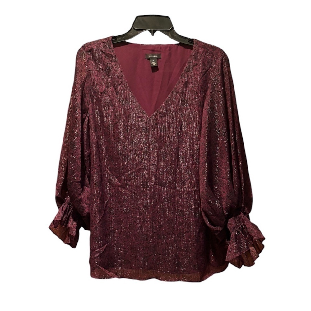 Halogen Metallic Balloon Sleeve Blouse in Burgundy Large NWT